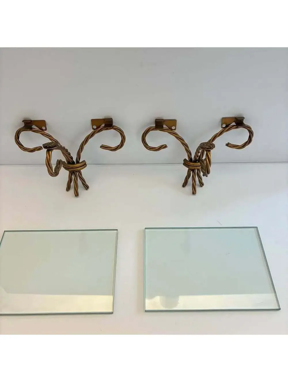 Pair Vintage Gold Metal Wall Shelf Brackets Twisted Scroll Corbel Glass Shelves